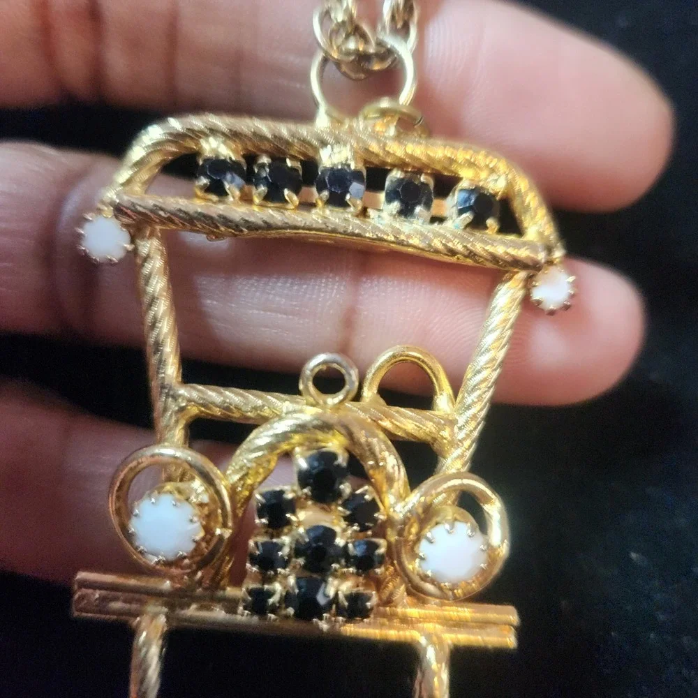 Vintage Gold Tone Rickshaw Pendant Necklace Black Rhinestone White Cabochon